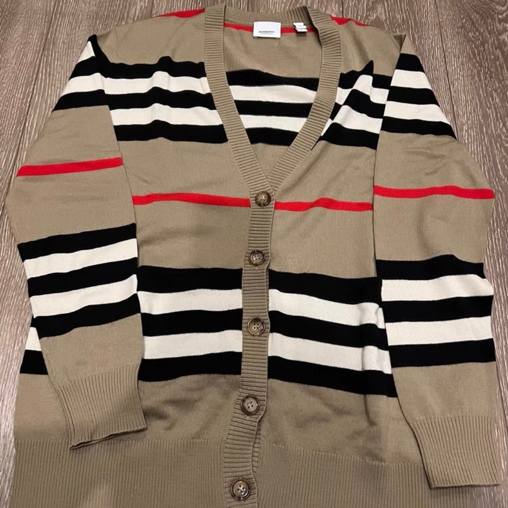 Burberry Striped Cardigan - Tan, Black, Red